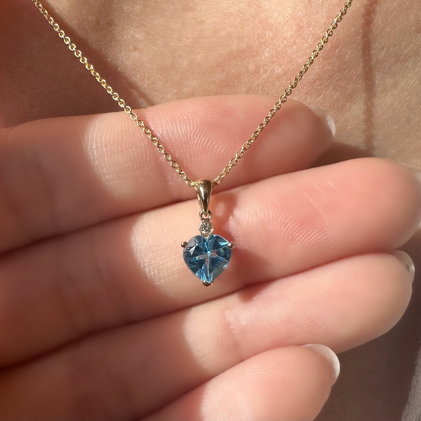 14K Solid Gold Heart Shaped Genuine Blue Topaz and Diamond Pendant