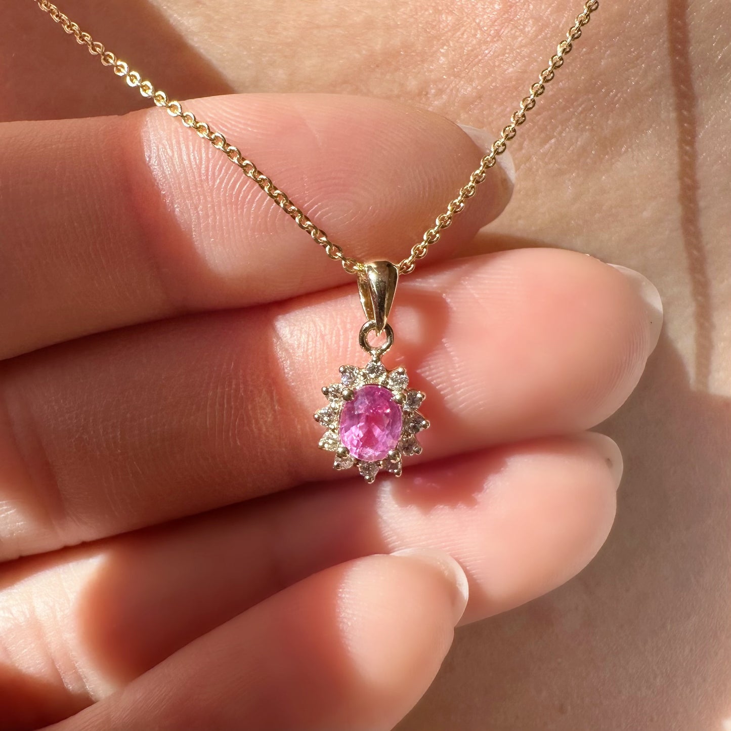 14K Solid Gold Pink Sapphire and Diamond Halo Pendant