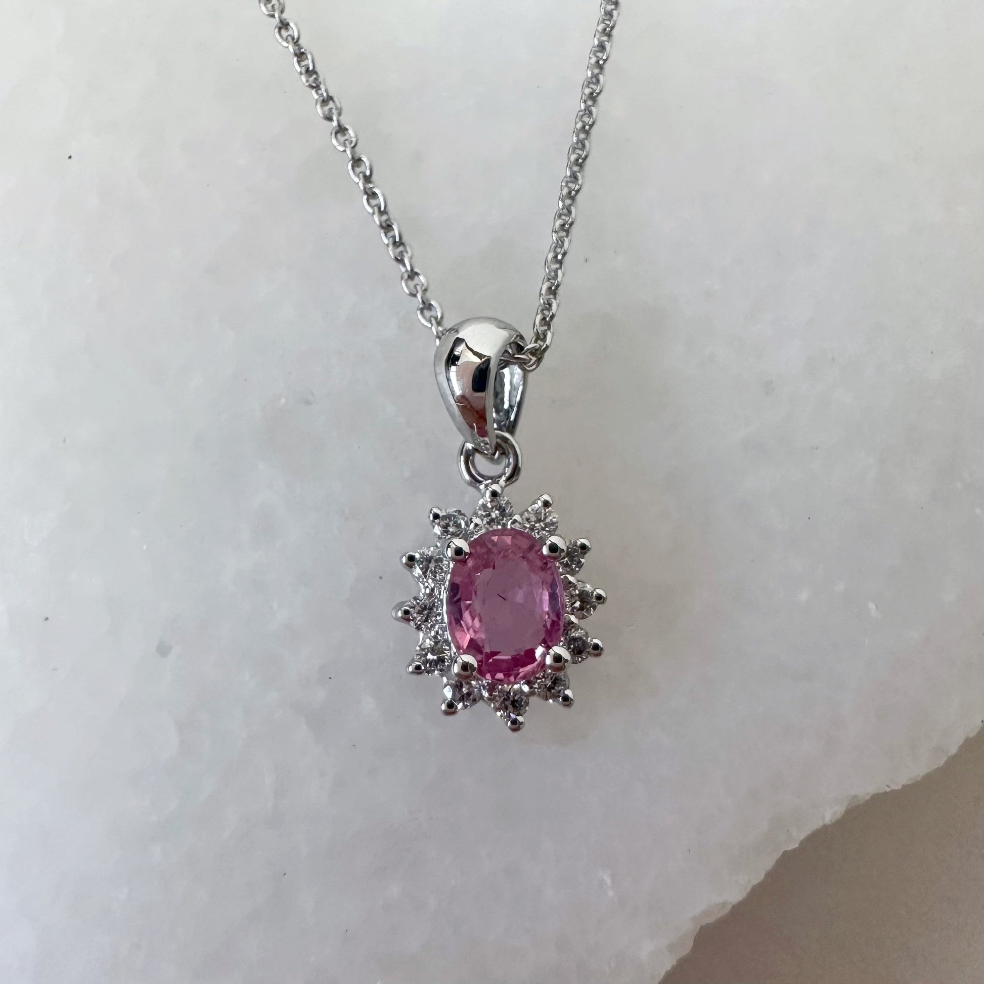 14K Solid Gold Pink Sapphire and Diamond Halo Pendant