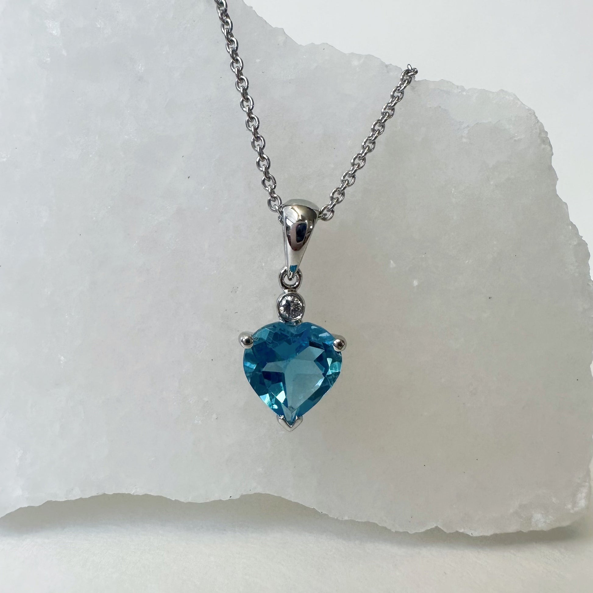 14K Solid Gold Heart Shaped Genuine Blue Topaz and Diamond Pendant