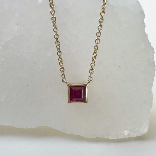 14K Solid Gold Genuine Bezel Ruby Square Necklace