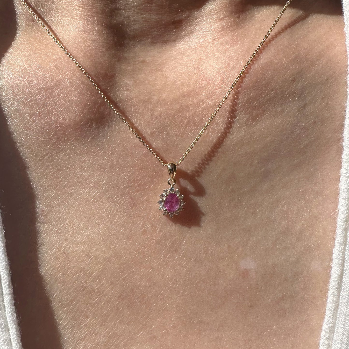 14K Solid Gold Pink Sapphire and Diamond Halo Pendant