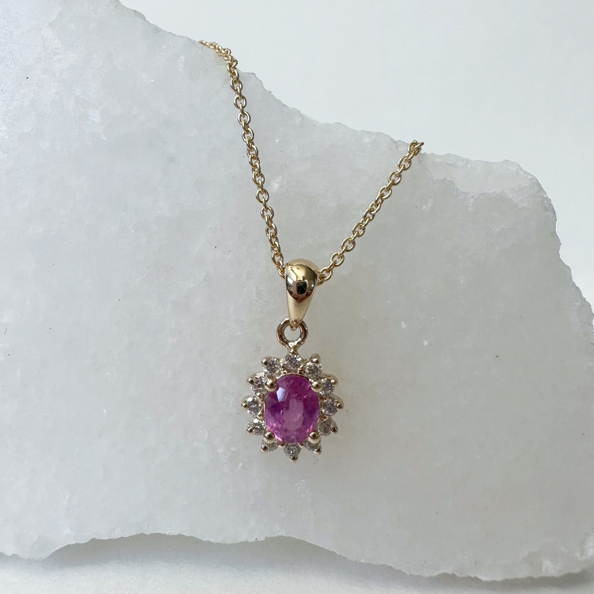 14K Solid Gold Pink Sapphire and Diamond Halo Pendant