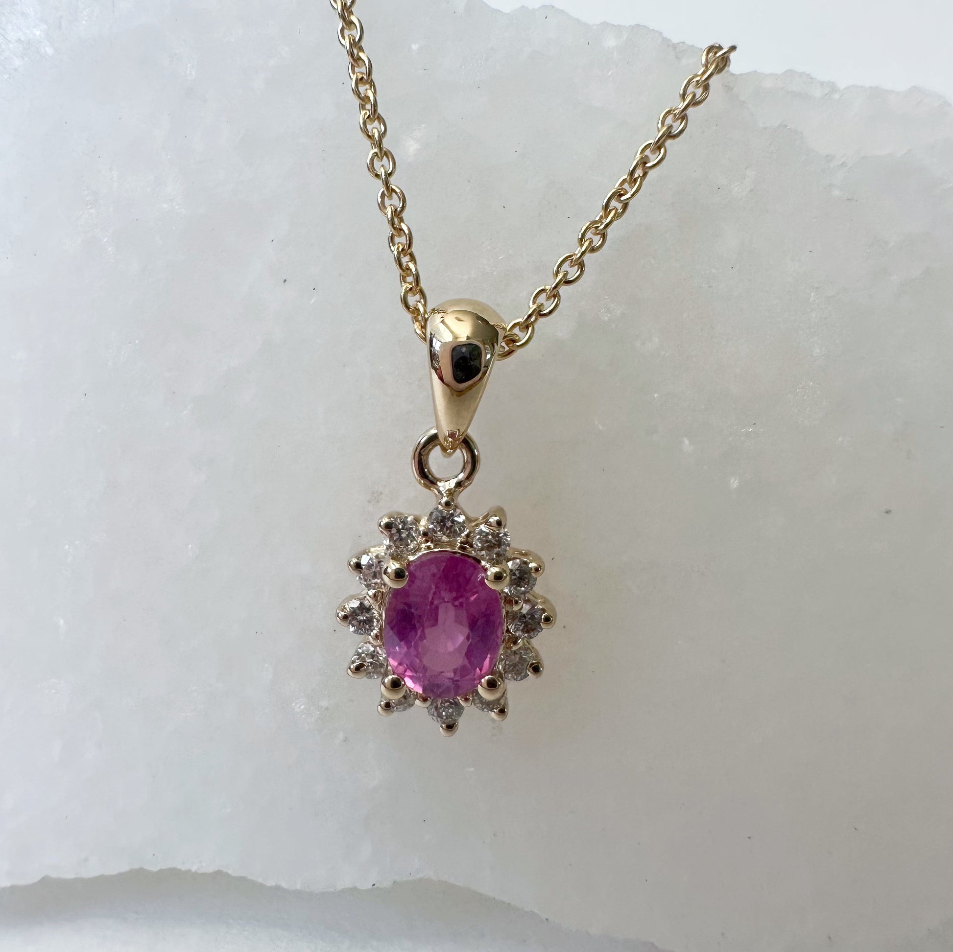 14K Solid Gold Pink Sapphire and Diamond Halo Pendant