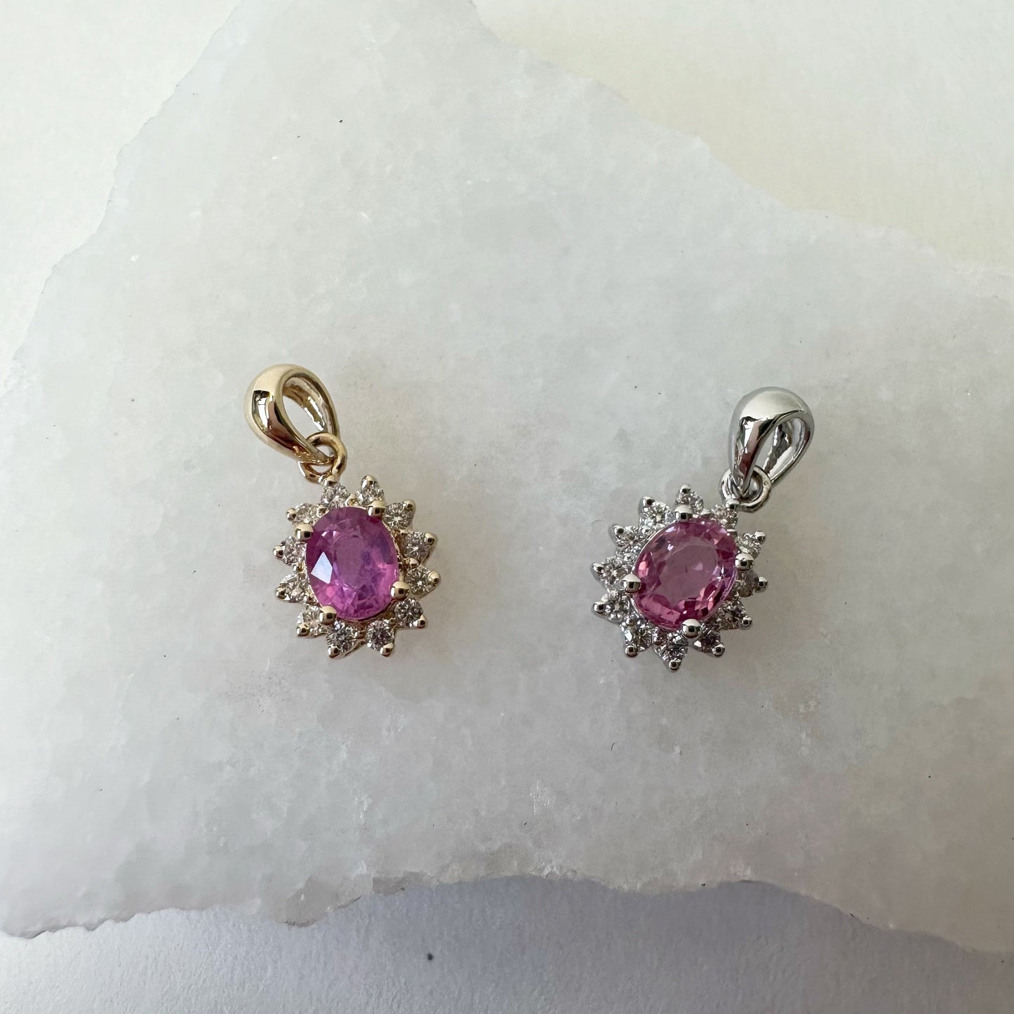 14K Solid Gold Pink Sapphire and Diamond Halo Pendant