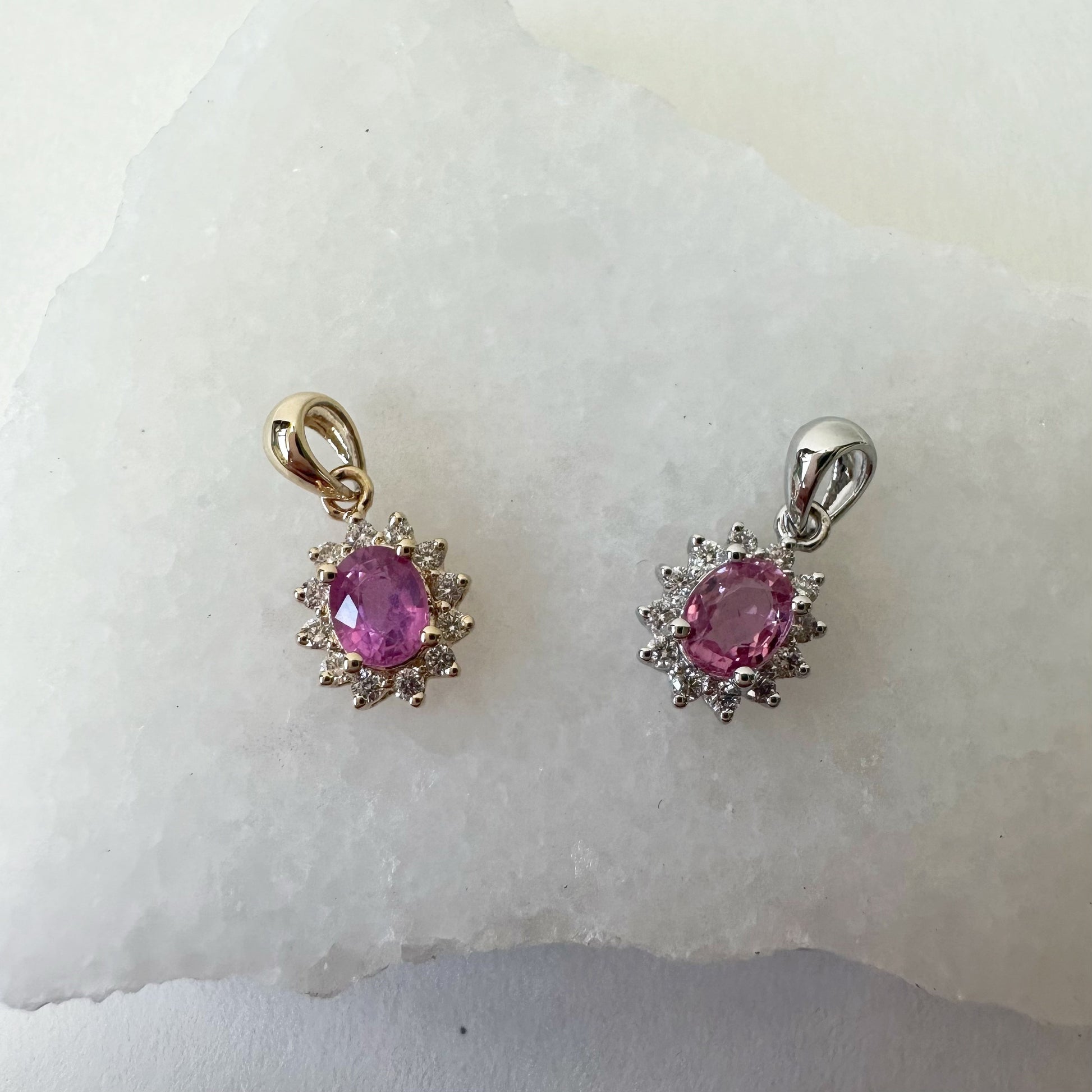 14K Solid Gold Pink Sapphire and Diamond Halo Pendant