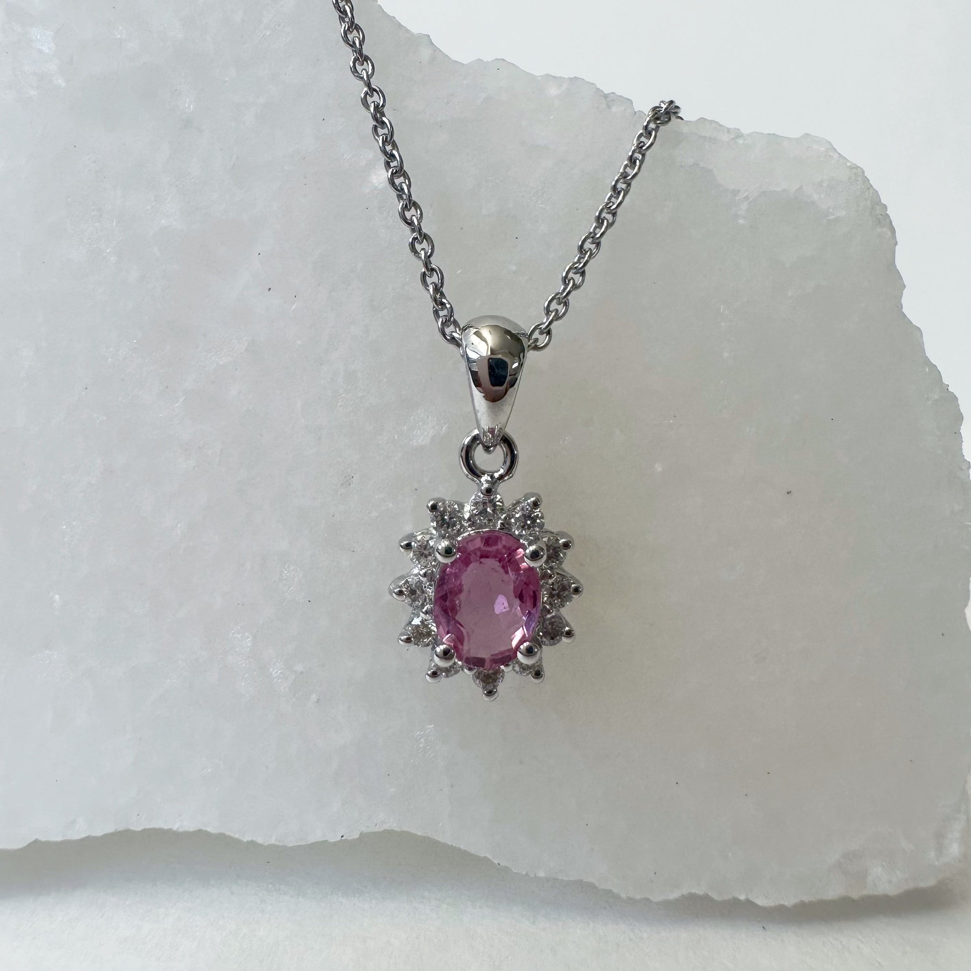 14K Solid Gold Pink Sapphire and Diamond Halo Pendant