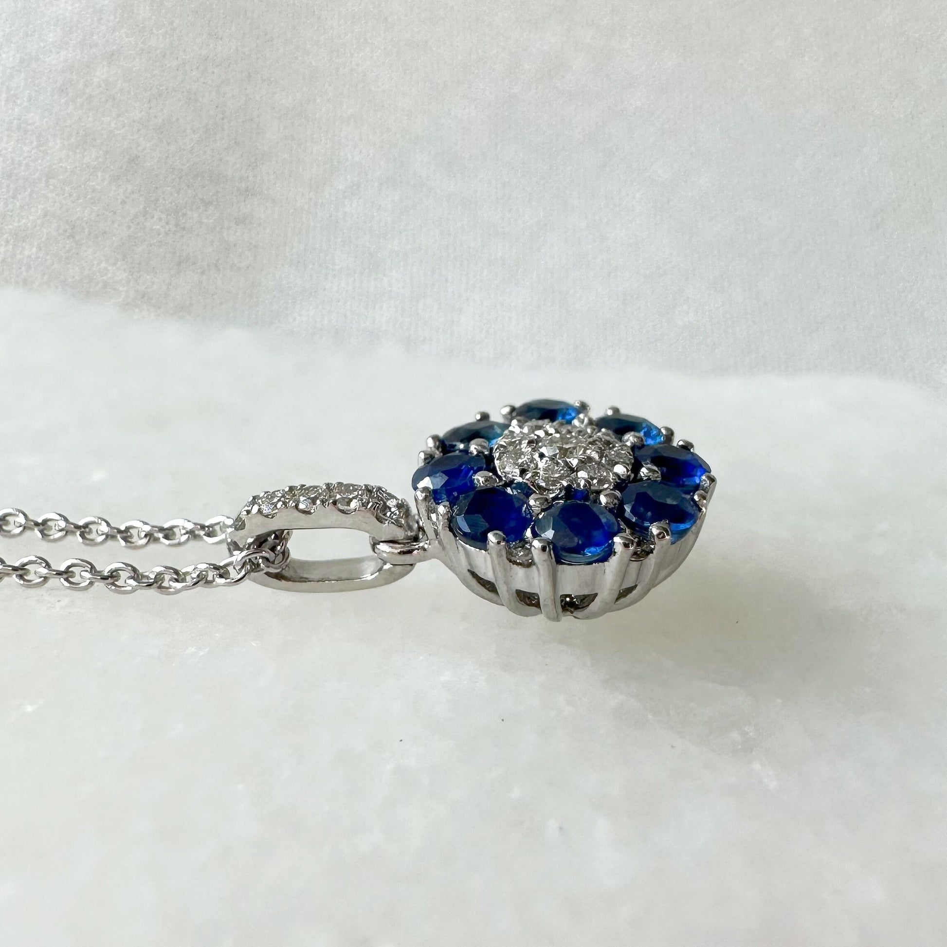 14K Solid White Gold Genuine Sapphire and Diamond Flower Pendant