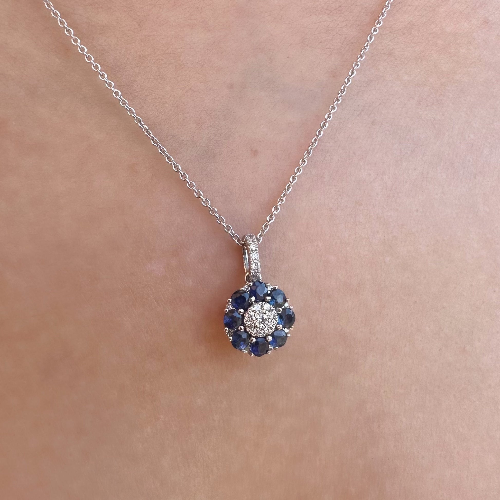 14K Solid White Gold Genuine Sapphire and Diamond Flower Pendant