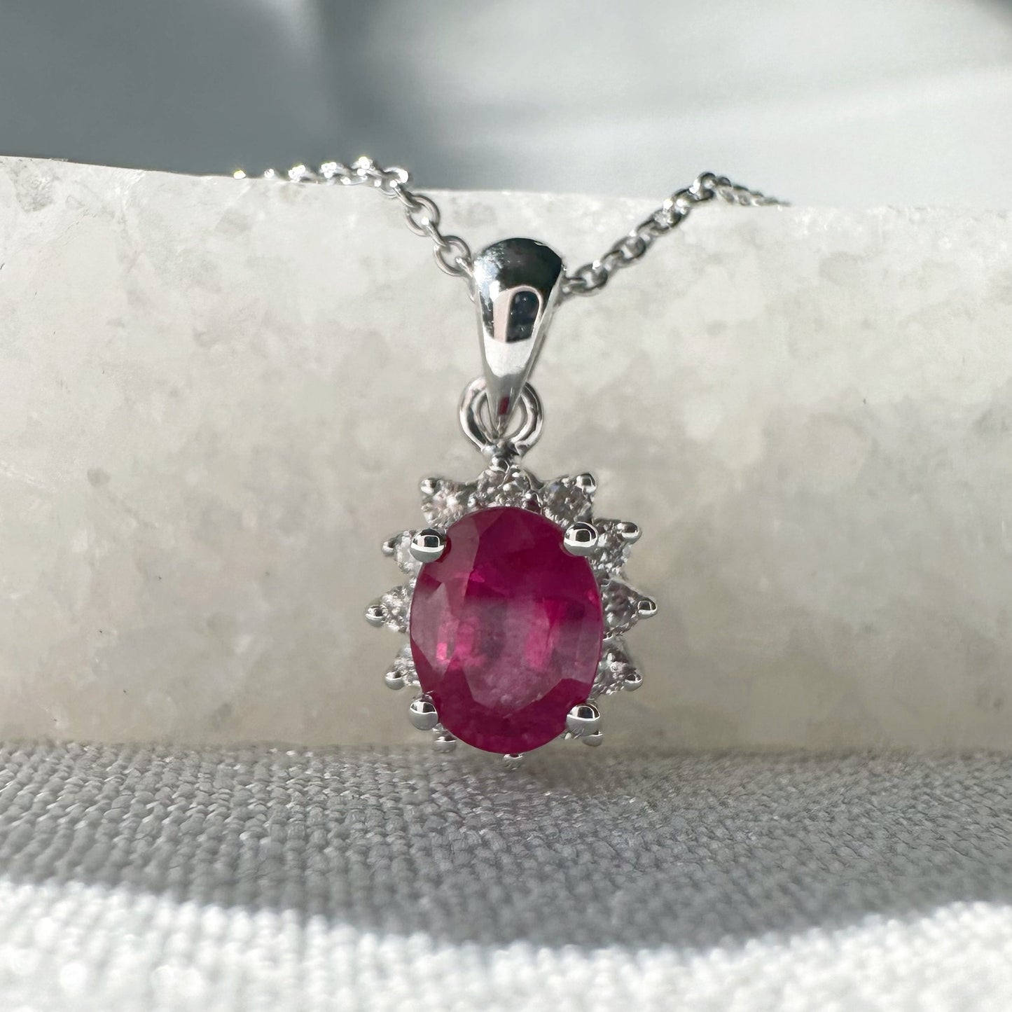 14K Solid Gold Ruby and Diamond Halo Pendant