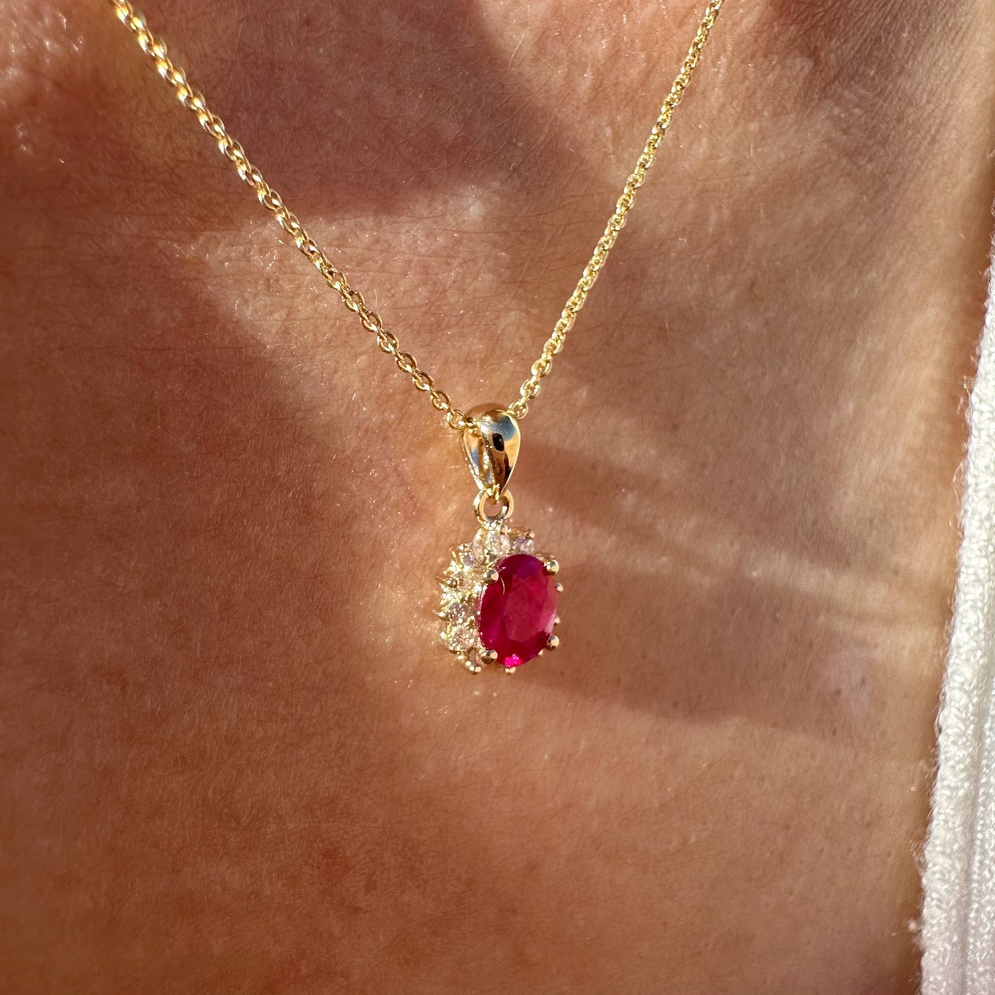 14K Solid Gold Ruby and Diamond Halo Pendant