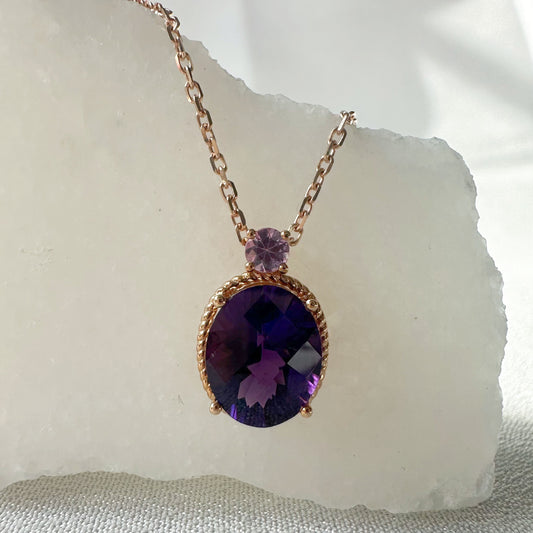 18K Solid Rose Gold Genuine Amethyst and Pink Sapphire Necklace