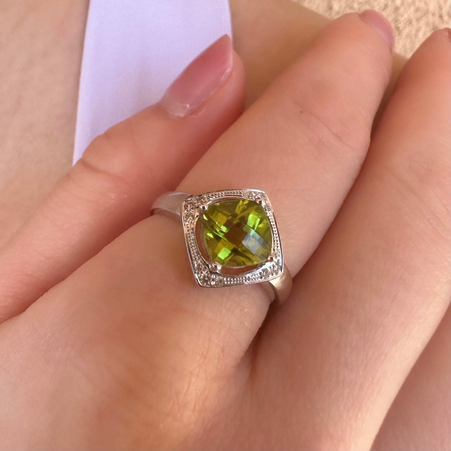 14K Solid White Gold Genuine Peridot and Diamond Cushion Ring