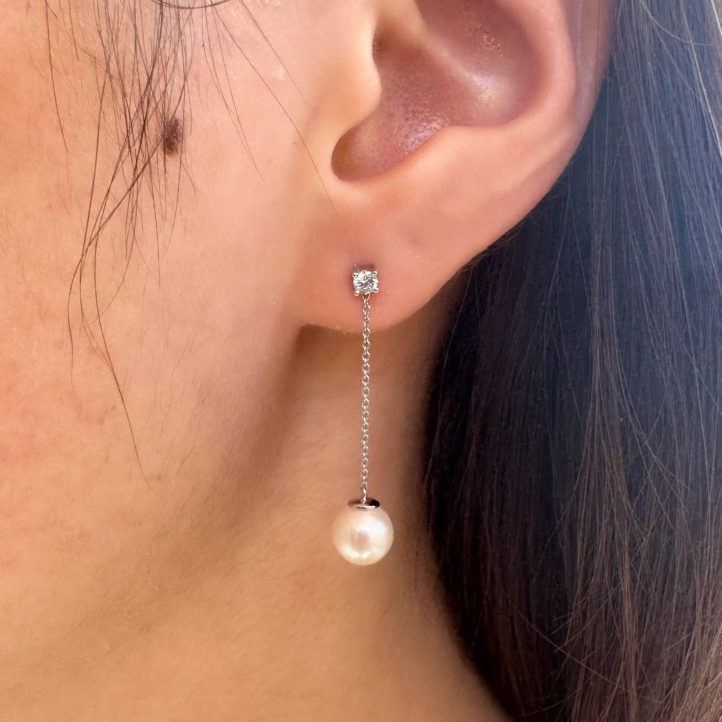 14K Solid White Gold Pearl and Diamond Drop Earrings