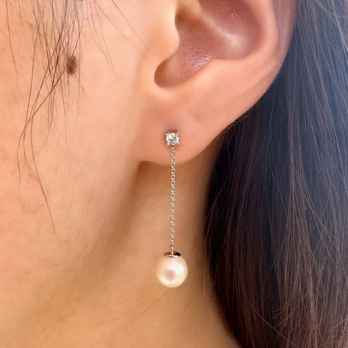 14K Solid White Gold Pearl and Diamond Drop Earrings