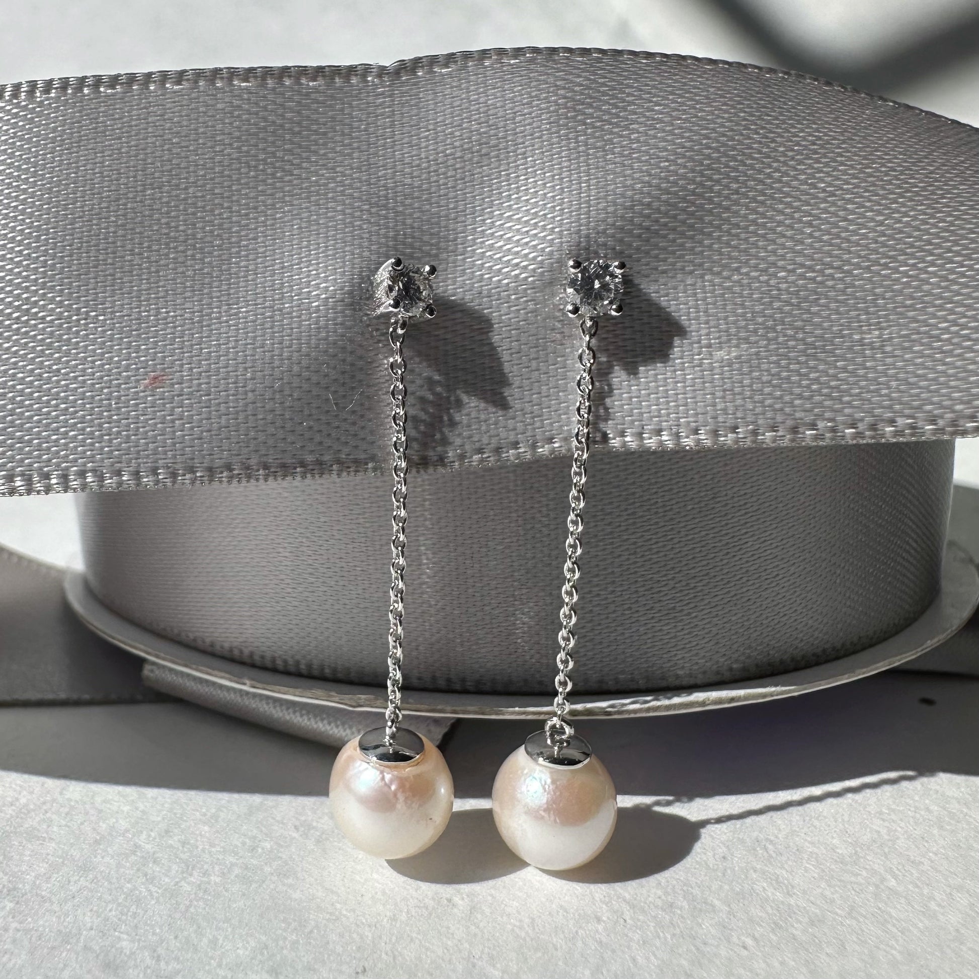 14K Solid White Gold Pearl and Diamond Drop Earrings