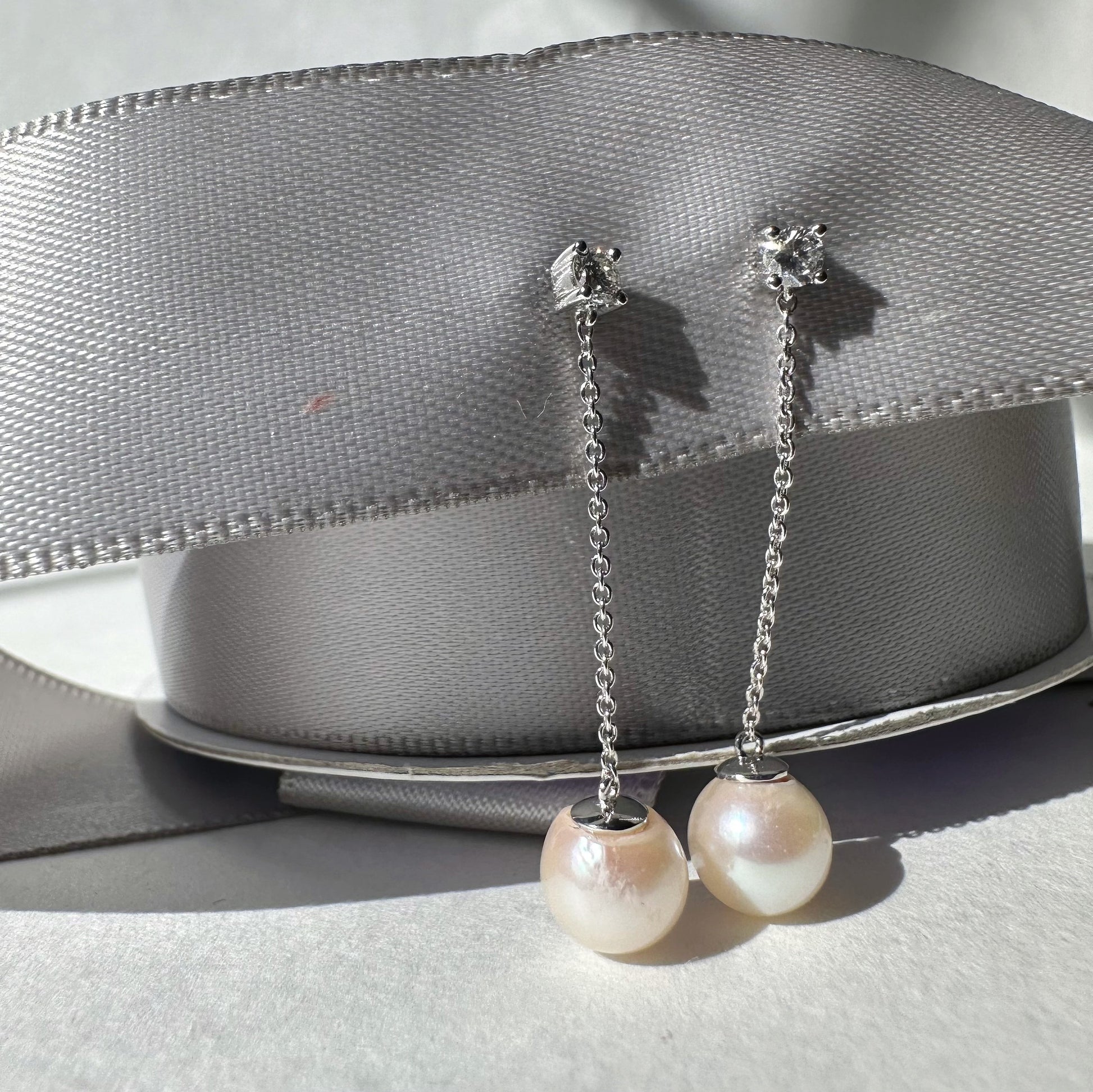 14K Solid White Gold Pearl and Diamond Drop Earrings