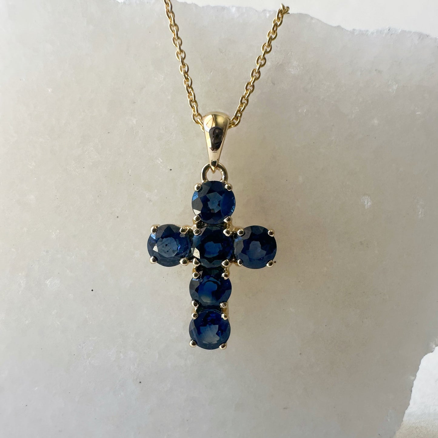 14K Solid Gold Genuine Round Sapphire Cross Pendant