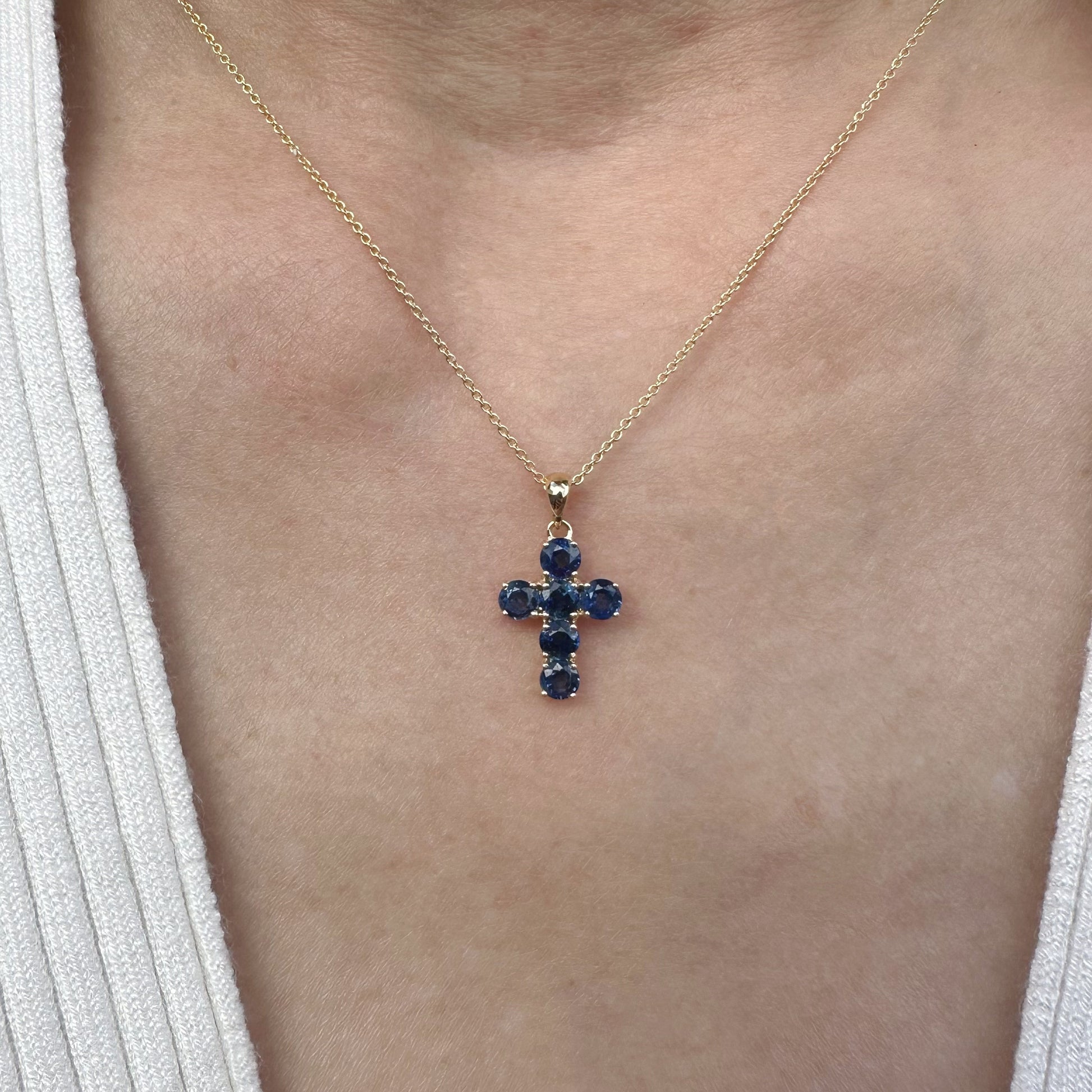 14K Solid Gold Genuine Round Sapphire Cross Pendant