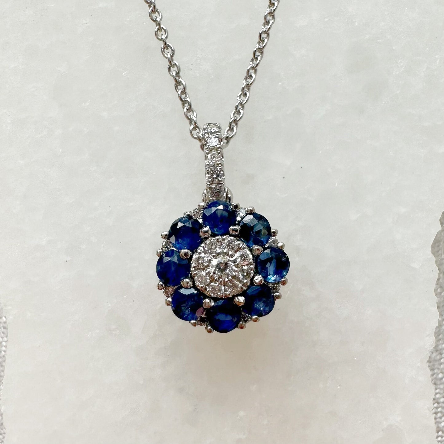 14K Solid White Gold Genuine Sapphire and Diamond Flower Pendant