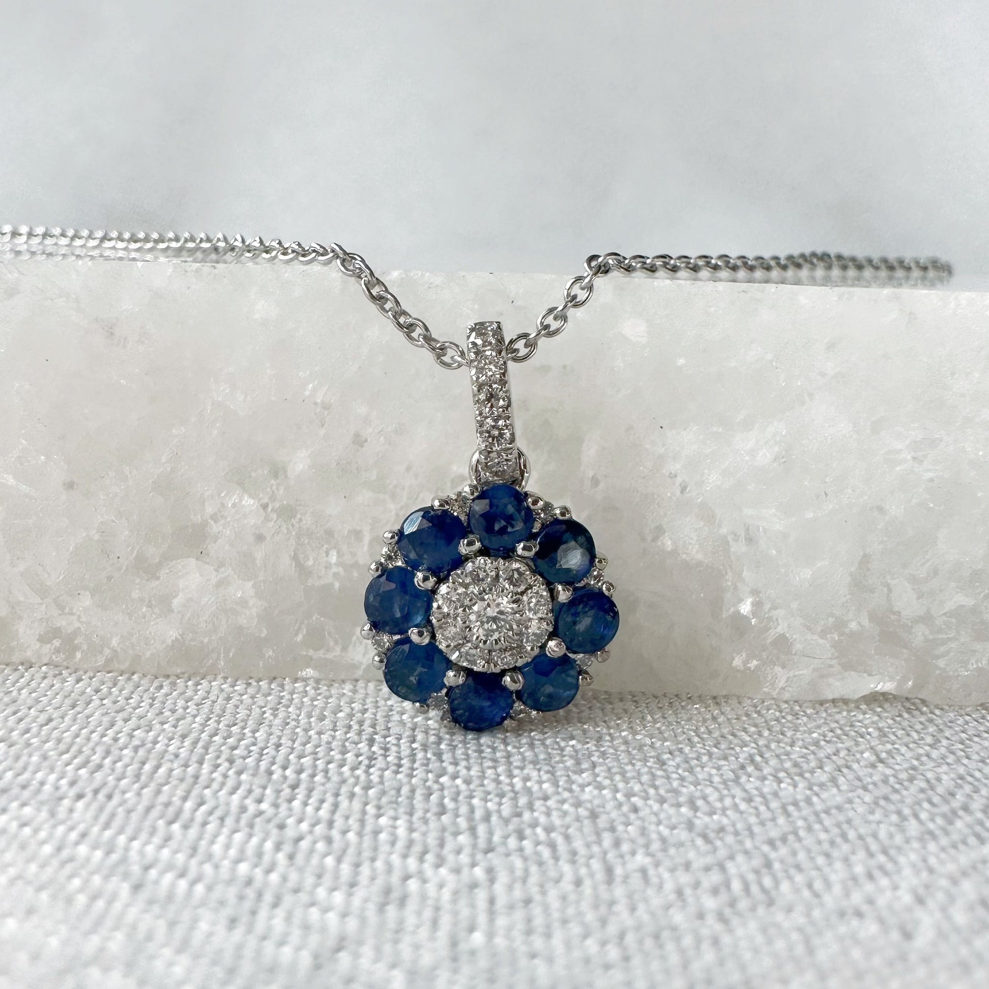 14K Solid White Gold Genuine Sapphire and Diamond Flower Pendant