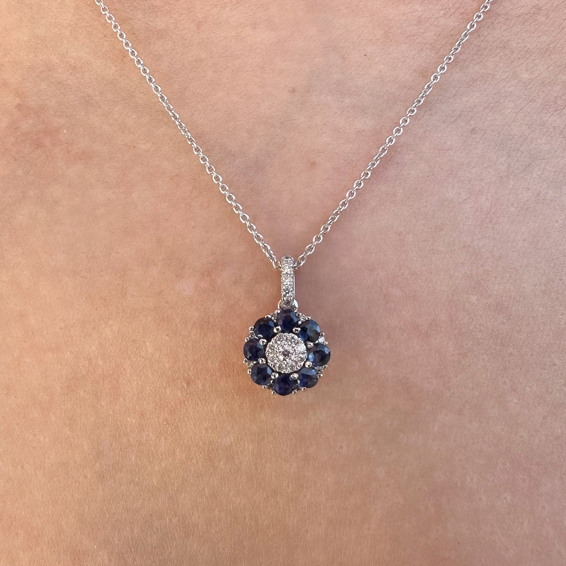 14K Solid White Gold Genuine Sapphire and Diamond Flower Pendant