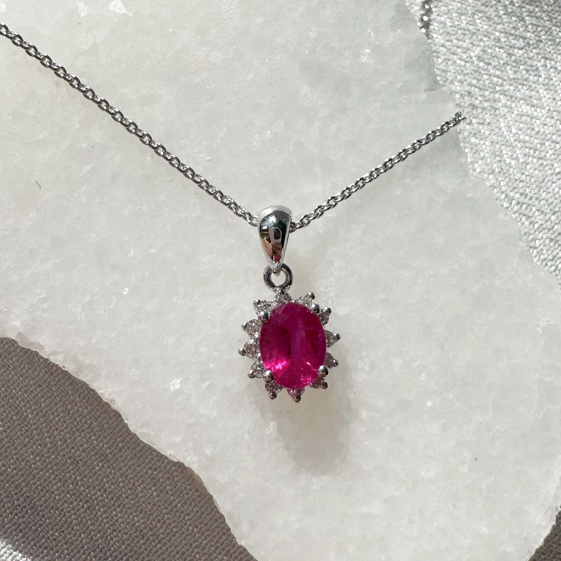 14K Solid Gold Ruby and Diamond Halo Pendant