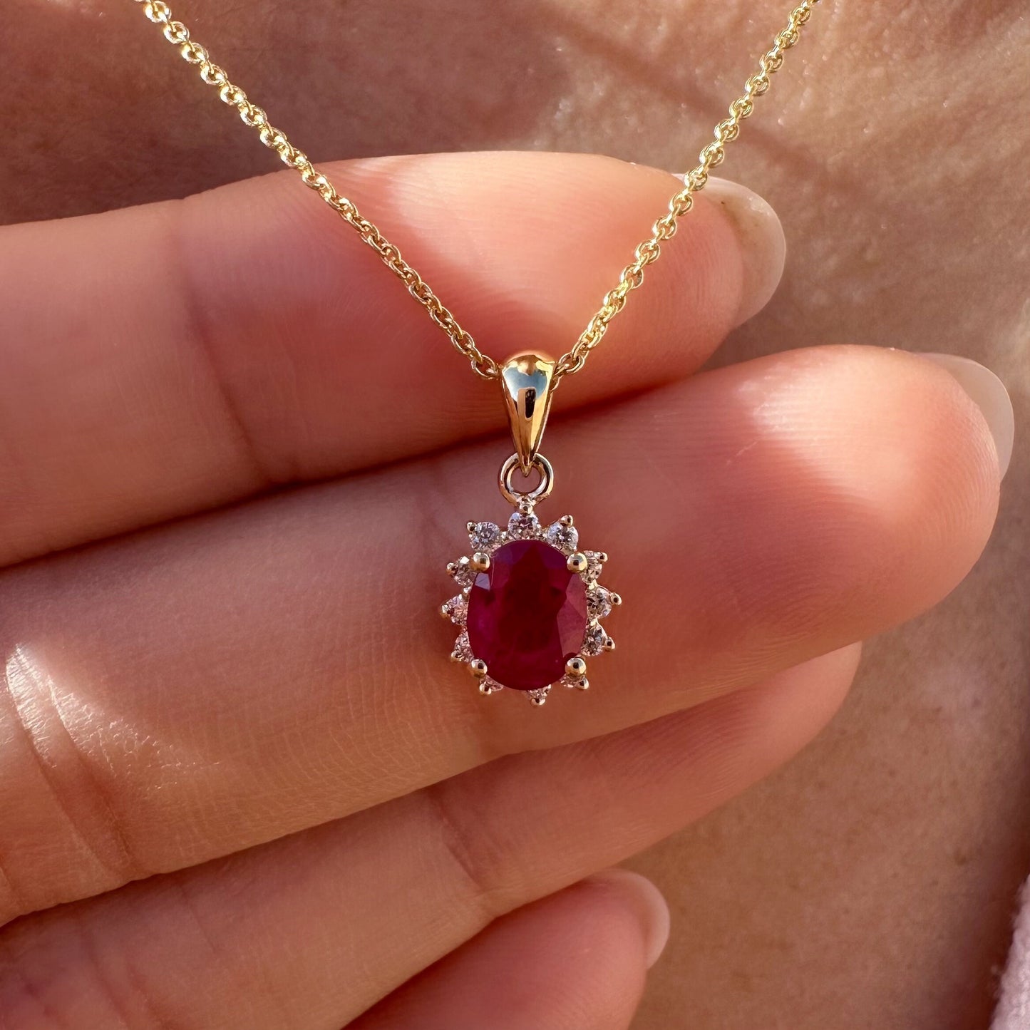 14K Solid Gold Ruby and Diamond Halo Pendant