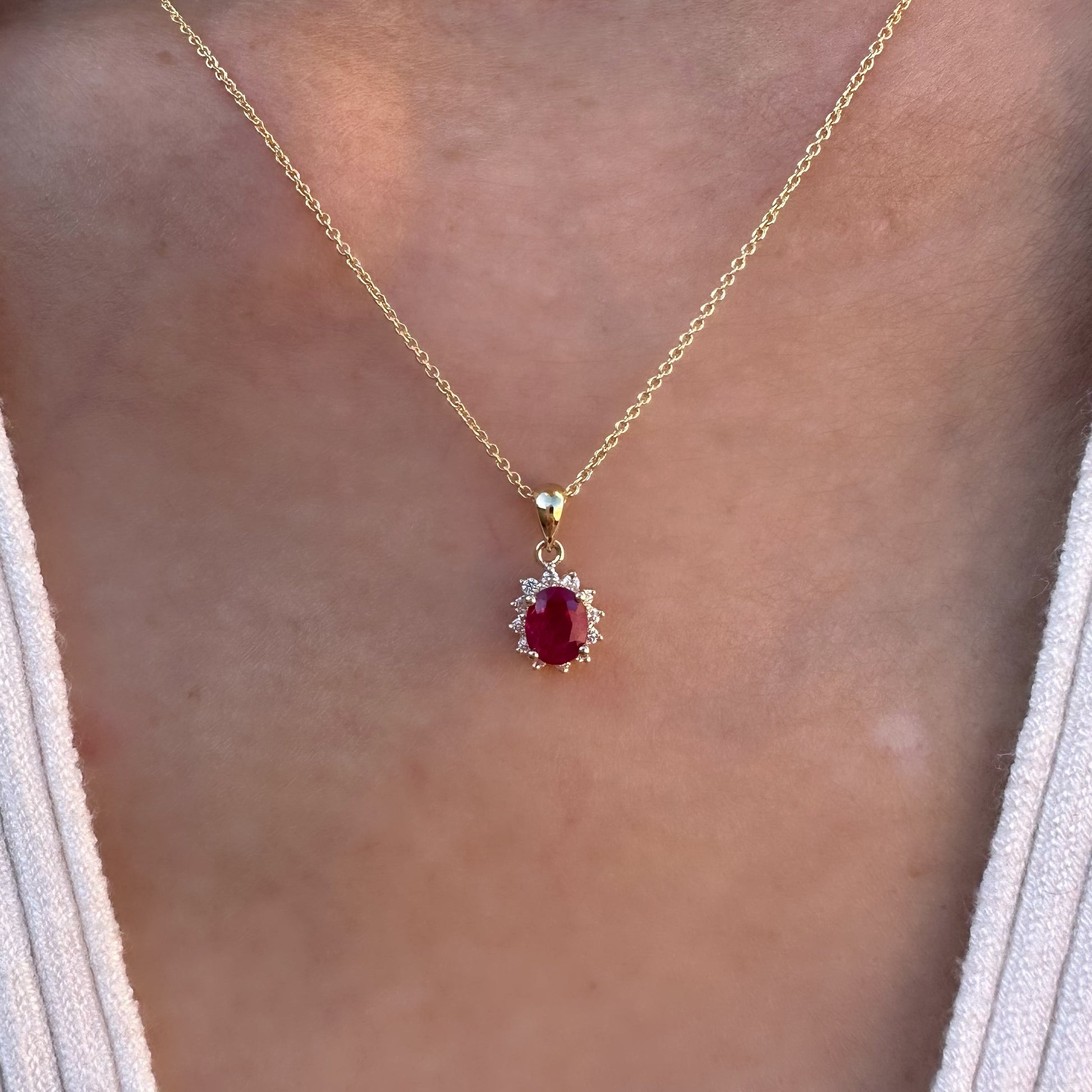 14K Solid Gold Ruby and Diamond Halo Pendant