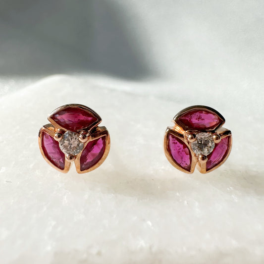 14K Solid Rose Gold Genuine Ruby and Diamond Windmill Studs