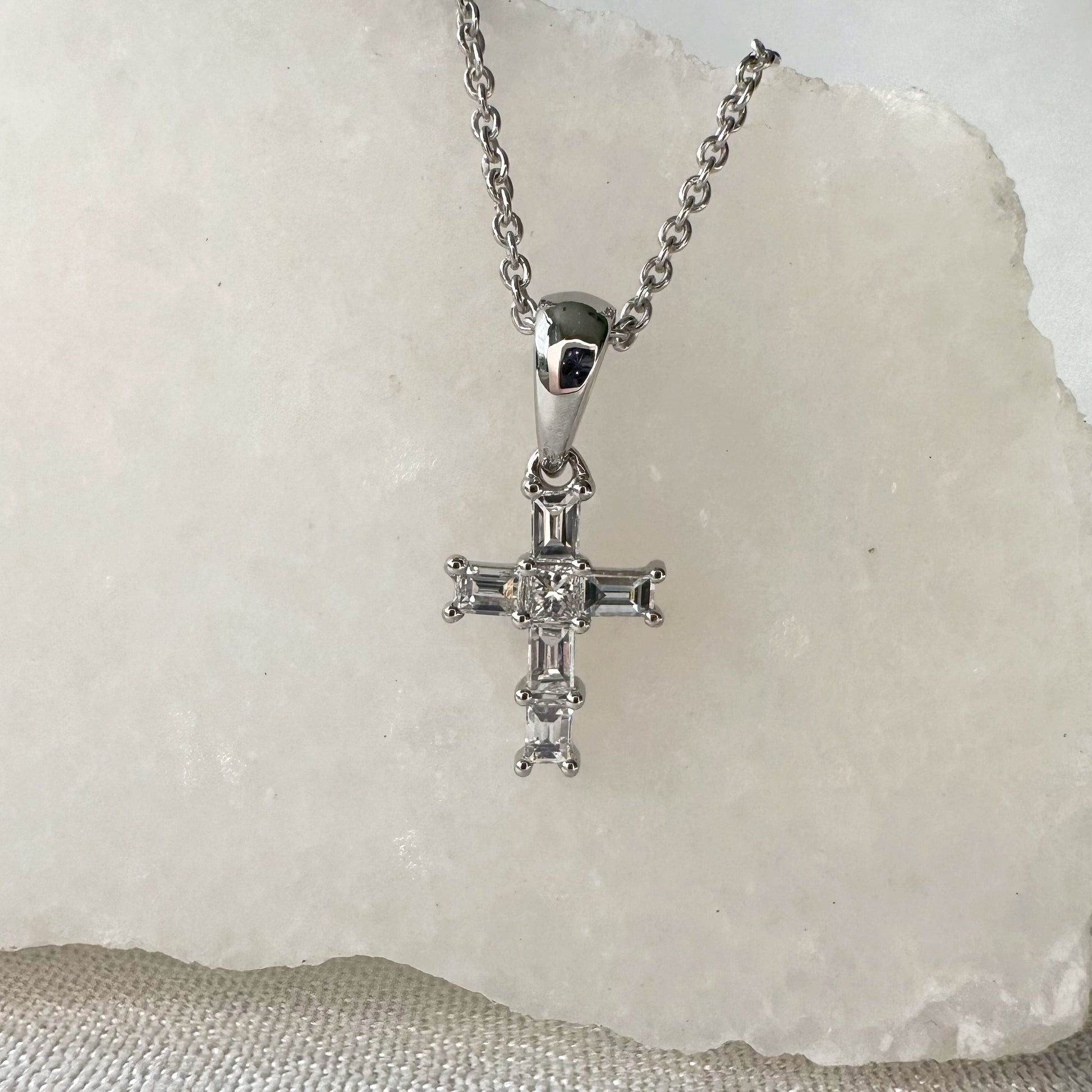 14K Solid Gold Genuine Baguette Diamond Cross Pendant