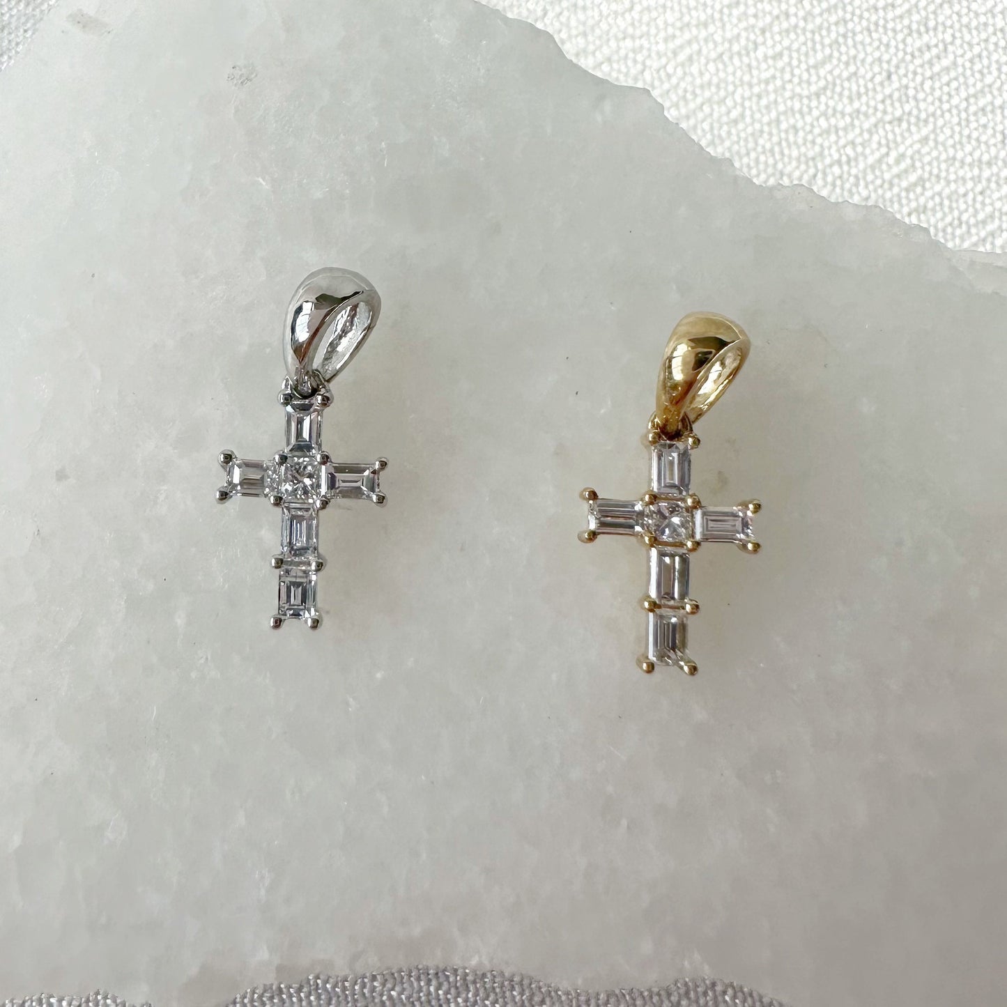 14K Solid Gold Genuine Baguette Diamond Cross Pendant