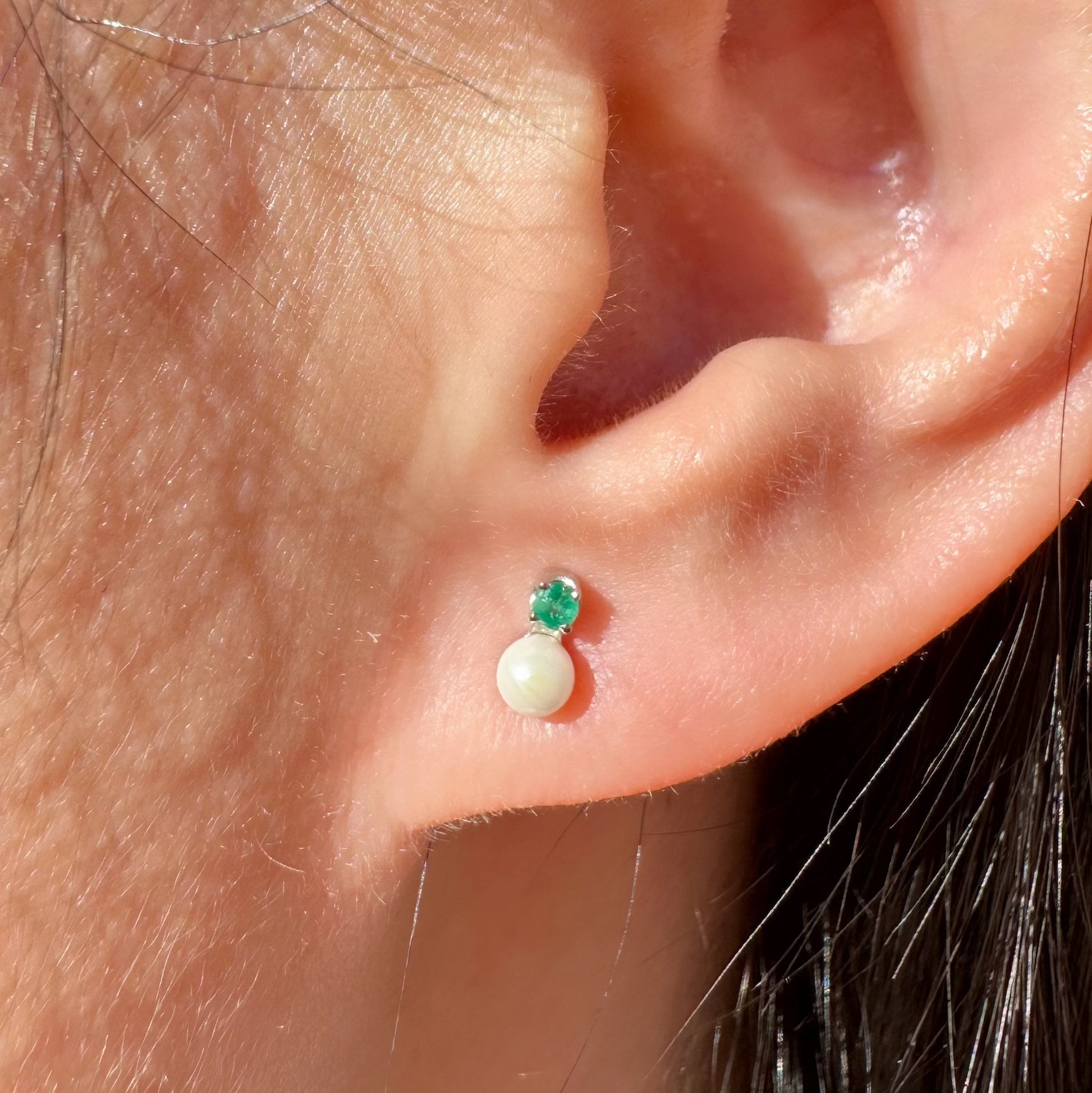 14K Solid Gold Genuine Mini Akoya Pearl and Emerald Studs/Pair