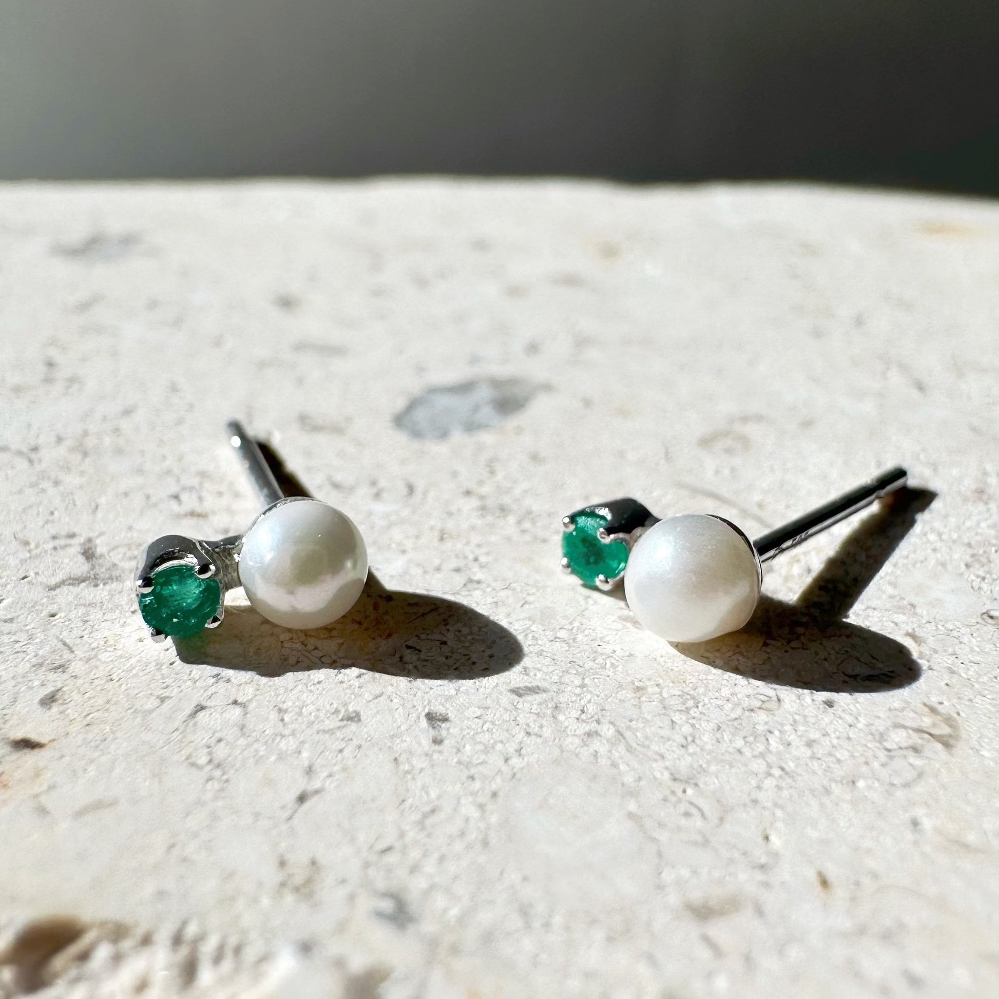 14K Solid Gold Genuine Mini Akoya Pearl and Emerald Studs/Pair