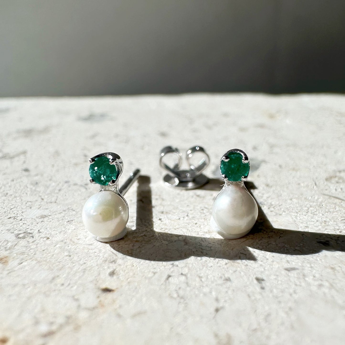 14K Solid Gold Genuine Mini Akoya Pearl and Emerald Studs/Pair