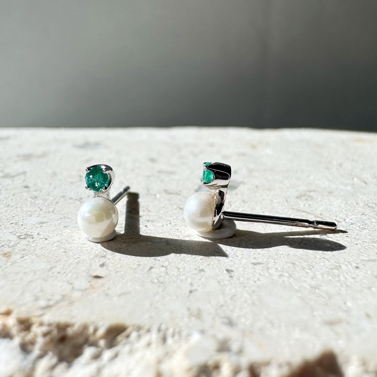 14K Solid Gold Genuine Mini Akoya Pearl and Emerald Studs/Pair