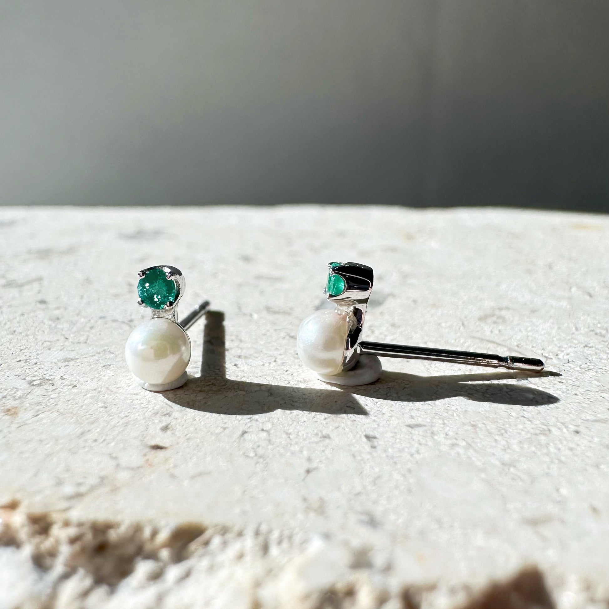 14K Solid Gold Genuine Mini Akoya Pearl and Emerald Studs/Pair