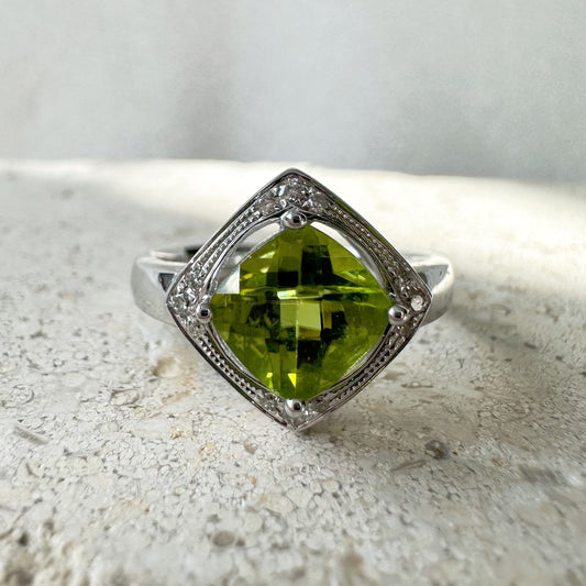 14K Solid White Gold Genuine Peridot and Diamond Cushion Ring