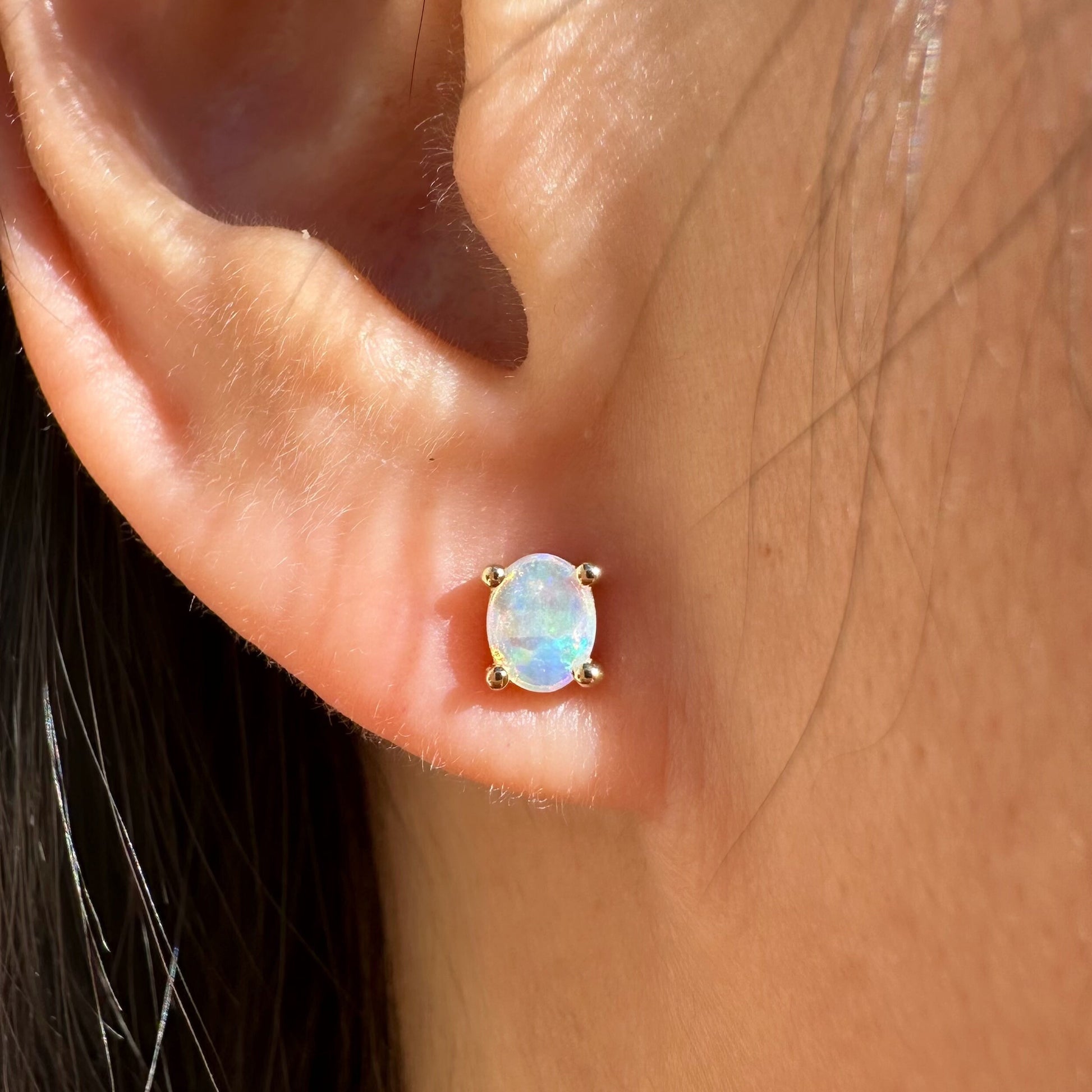 14K Solid Gold Genuine 4mm x 5mm Oval Opal Studs/Pair