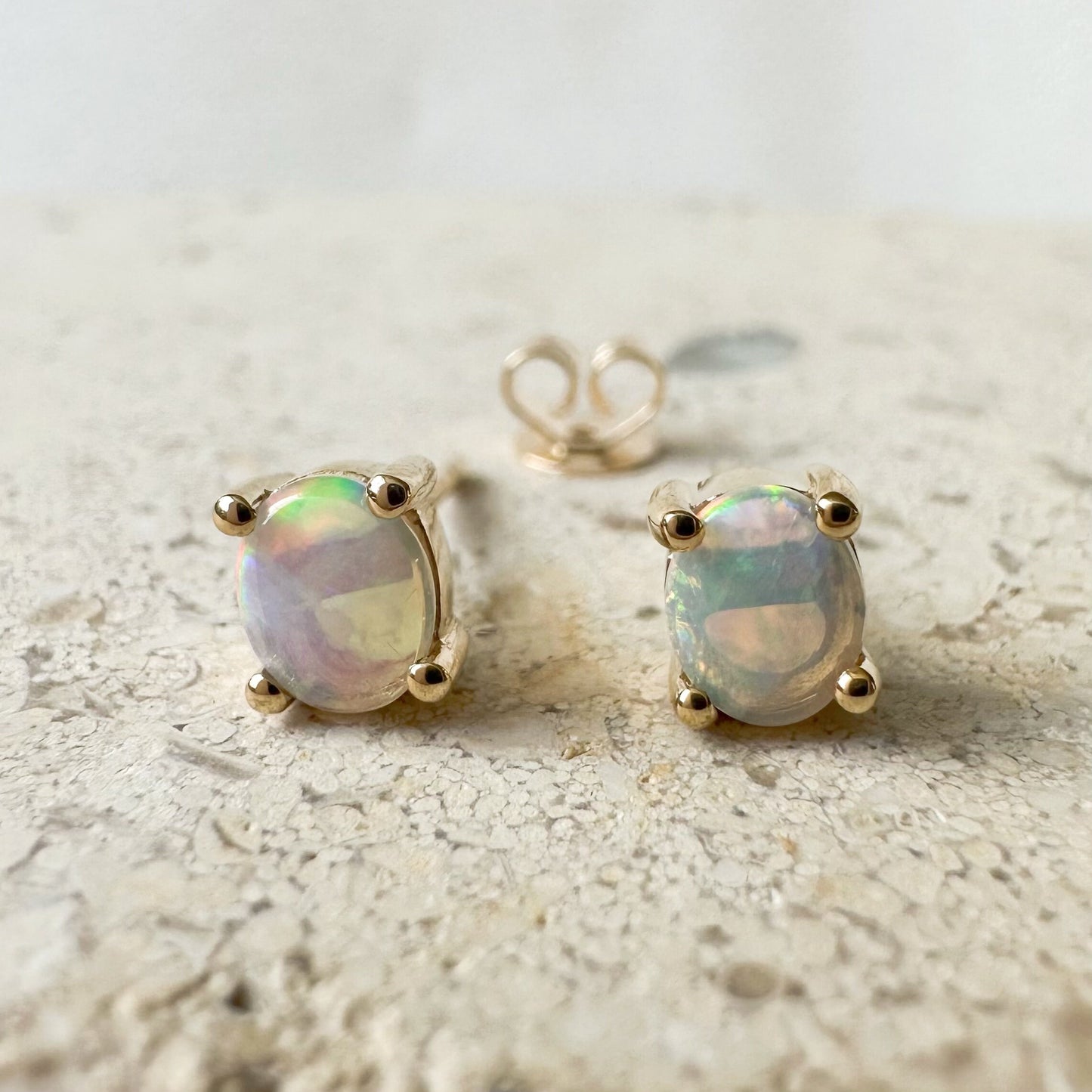 14K Solid Gold Genuine 4mm x 5mm Oval Opal Studs/Pair