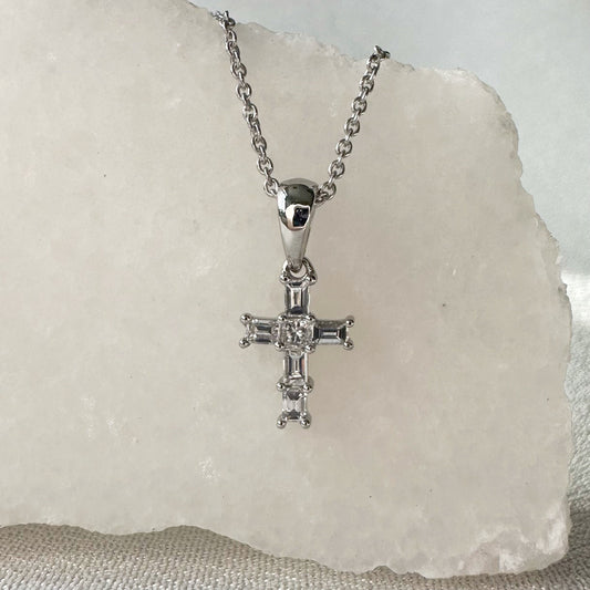 14K Solid Gold Genuine Baguette Diamond Cross Pendant