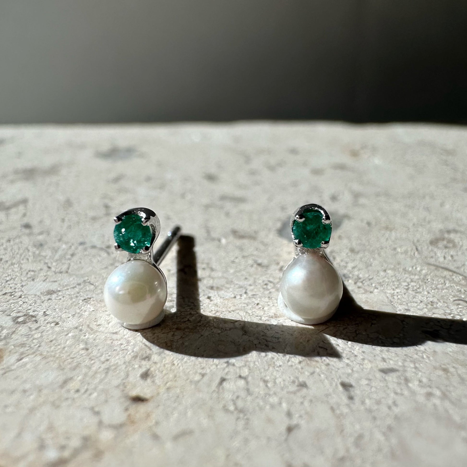 14K Solid Gold Genuine Mini Akoya Pearl and Emerald Studs/Pair