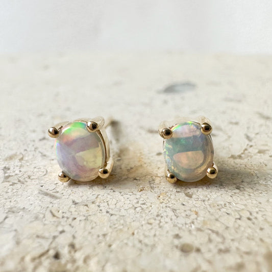 14K Solid Gold Genuine 4mm x 5mm Oval Opal Studs/Pair