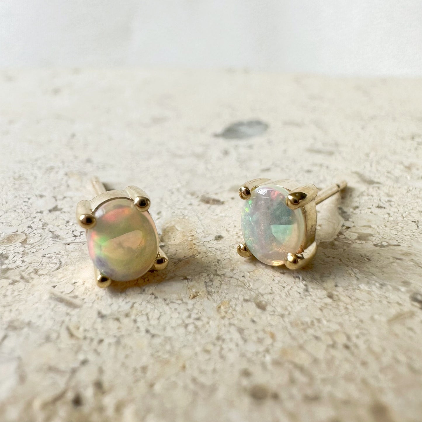 14K Solid Gold Genuine 4mm x 5mm Oval Opal Studs/Pair