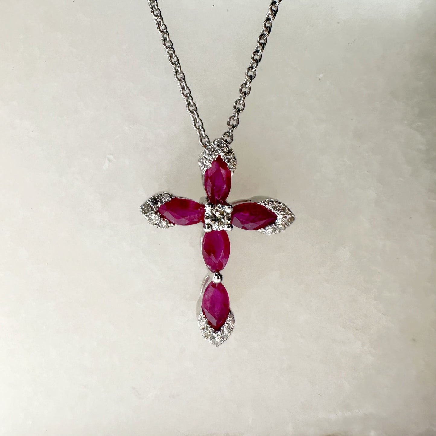 14K Solid White Gold Genuine Ruby and Diamond Cross Pendant