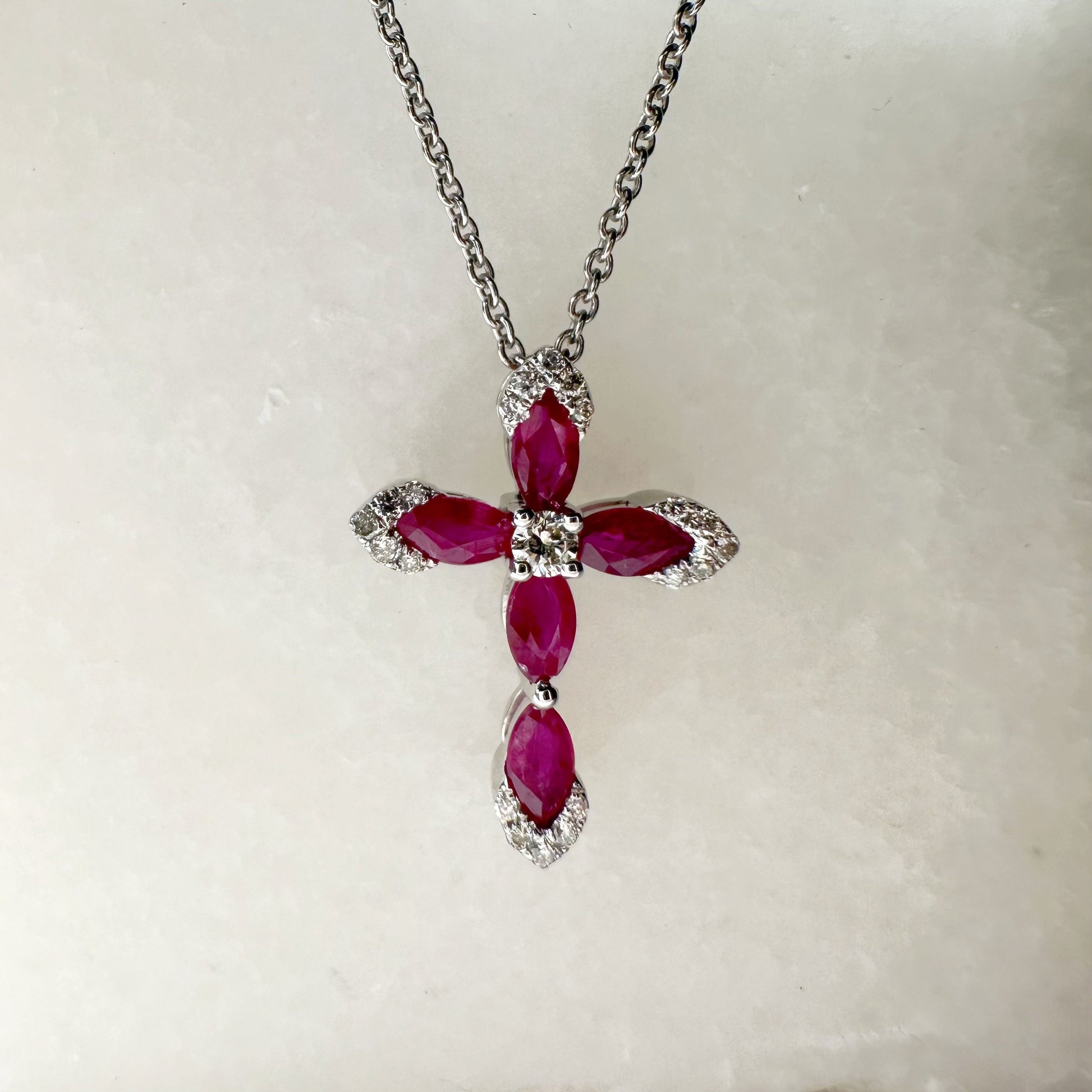 14K Solid White Gold Genuine Ruby and Diamond Cross Pendant