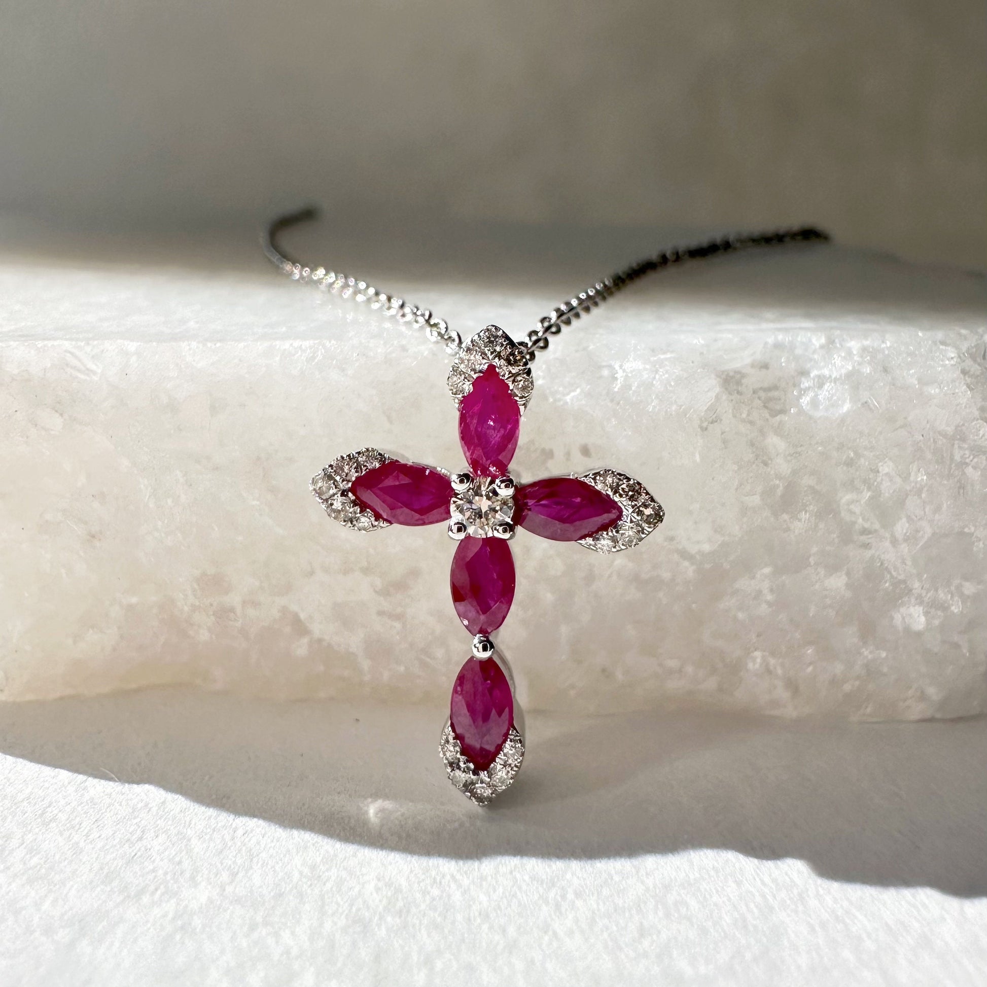 14K Solid White Gold Genuine Ruby and Diamond Cross Pendant