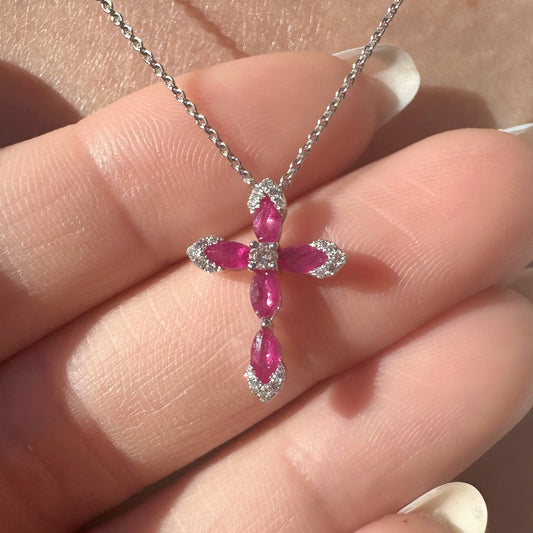 14K Solid White Gold Genuine Ruby and Diamond Cross Pendant