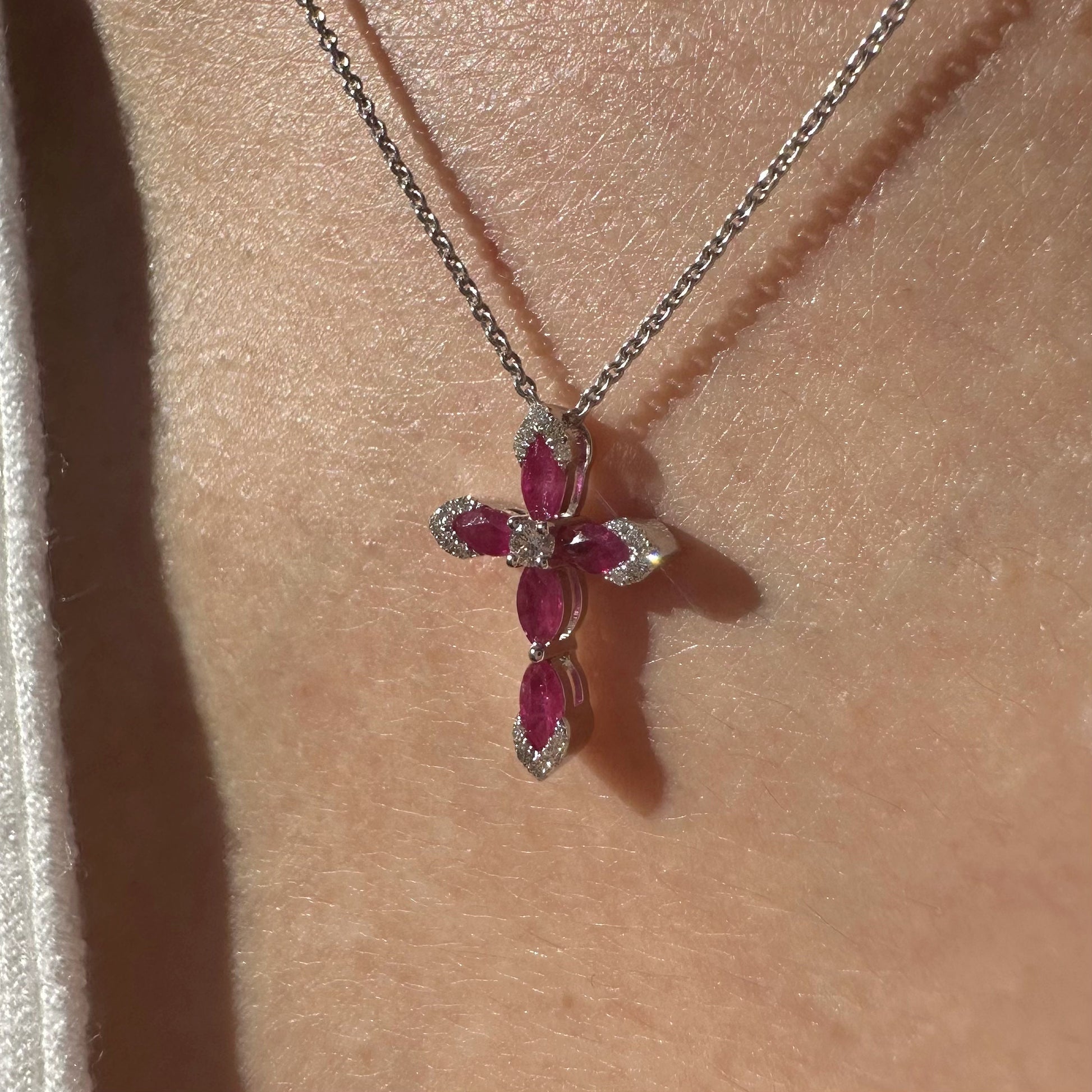 14K Solid White Gold Genuine Ruby and Diamond Cross Pendant