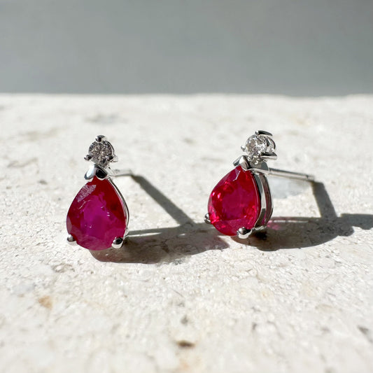 14K Solid Gold Genuine Ruby and Diamond Teardrop Studs/Pair